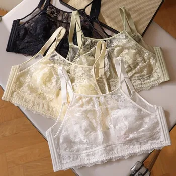 Fashion Mesh Flower Wireless Deep V Bra Anti-sagging Lingerie Underwear for Women Shockproof Adjustable Lace Thin Bra Girls 1
