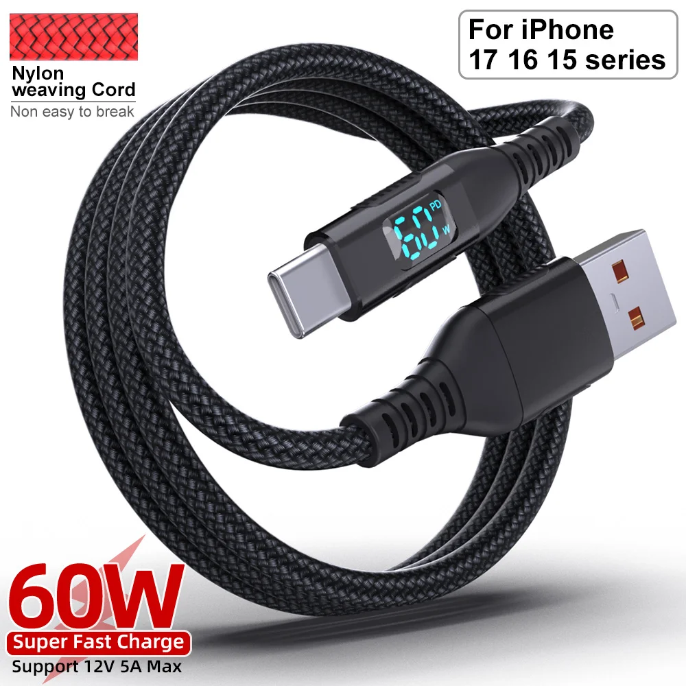 Premium Nylon Braided USB A to Type C Fast Charger Cable with LED Display - 3A Max Charging