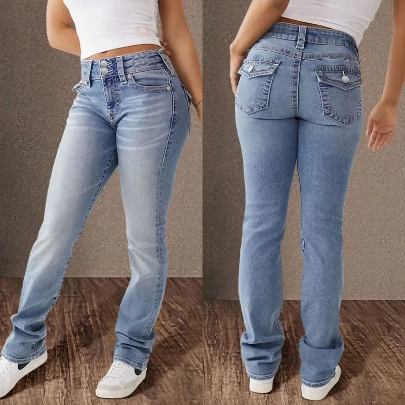 Jeans Denim Pant Women Long Pants Bodycon Button Pocket Splice Straight Trousers Solid Y2k Blue Mom Mid Waist Slim Streetwear