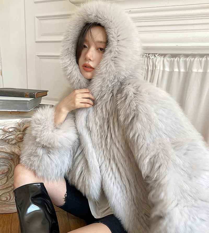 Double Faces Faux Fur Coat Korean Fashion Women Thick Warm Hooded New Faux Fur Coat Long Sleeves