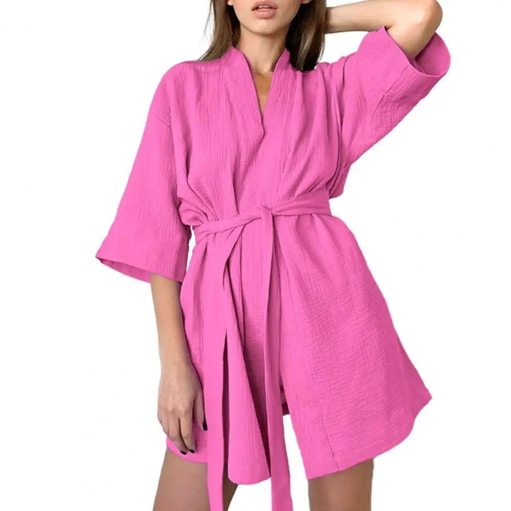 Women Bathrobe Tie Waist Cardigan Belt Loose Sleeping Half Sleeves Water Absorption Hot Spring Bathing Bathrobe Female Clothes