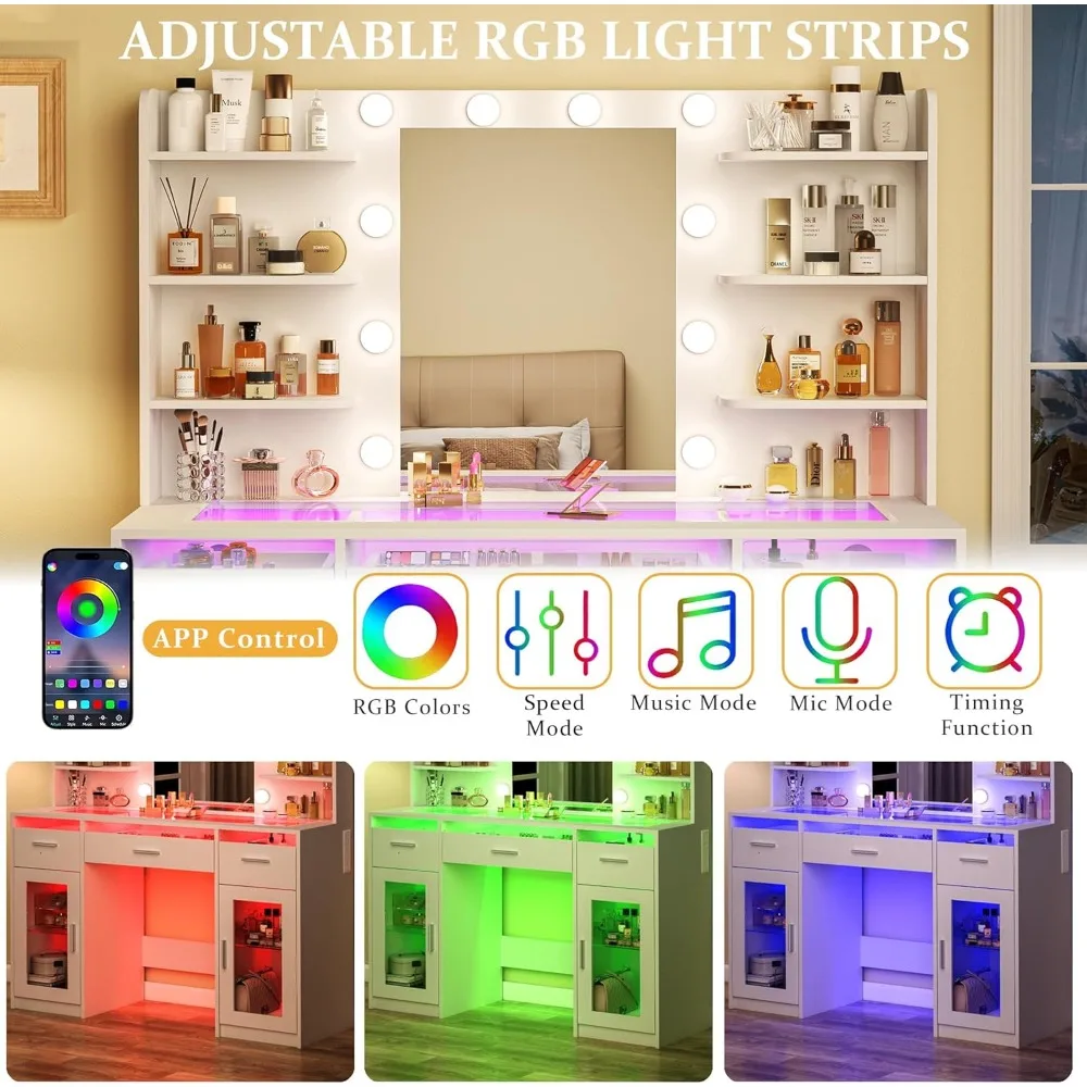 Vanity Desk Makeup Vanity Desk with Mirror and Lights 3 Colors Transparent Top with 3 RGB Drawers 6 Shelves 2 Large Tempered