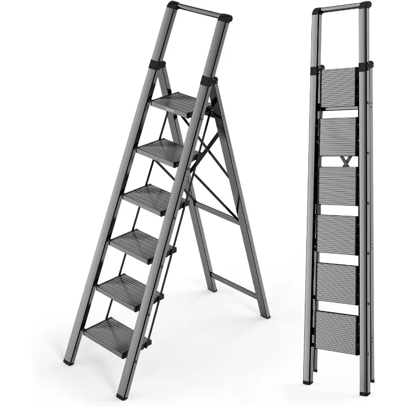 

WOA 6-ступенчатая лестница, легкая складная лестница С нескользящими широкими педалями, подставка с безопасными поручнями, экономия места