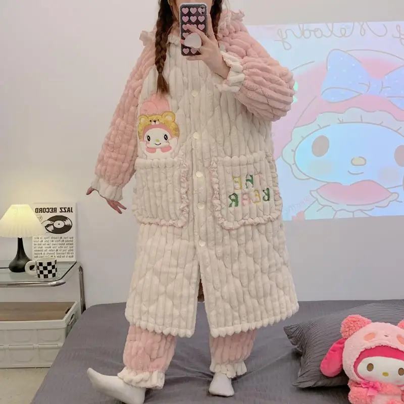 

Kawaii симпатичная Sanrio Mymelody коралловый бархатный Пижамный халат Домашняя одежда костюм утолщенная теплая Девочка Рождественский подарок для девушки