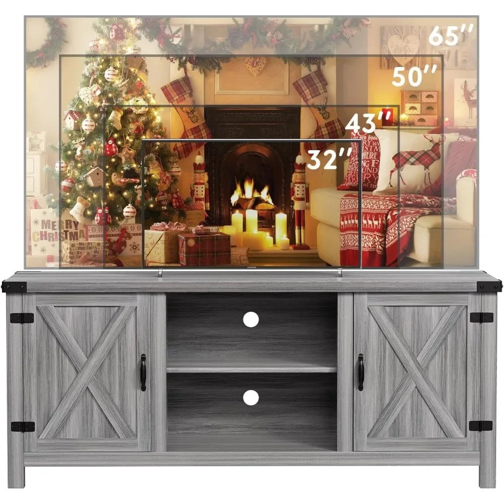 Modern Farmhouse TV Stand with Two Barn Doors and Storage Cabinets for Televisions up to 65 Inch Entertainment Center 5