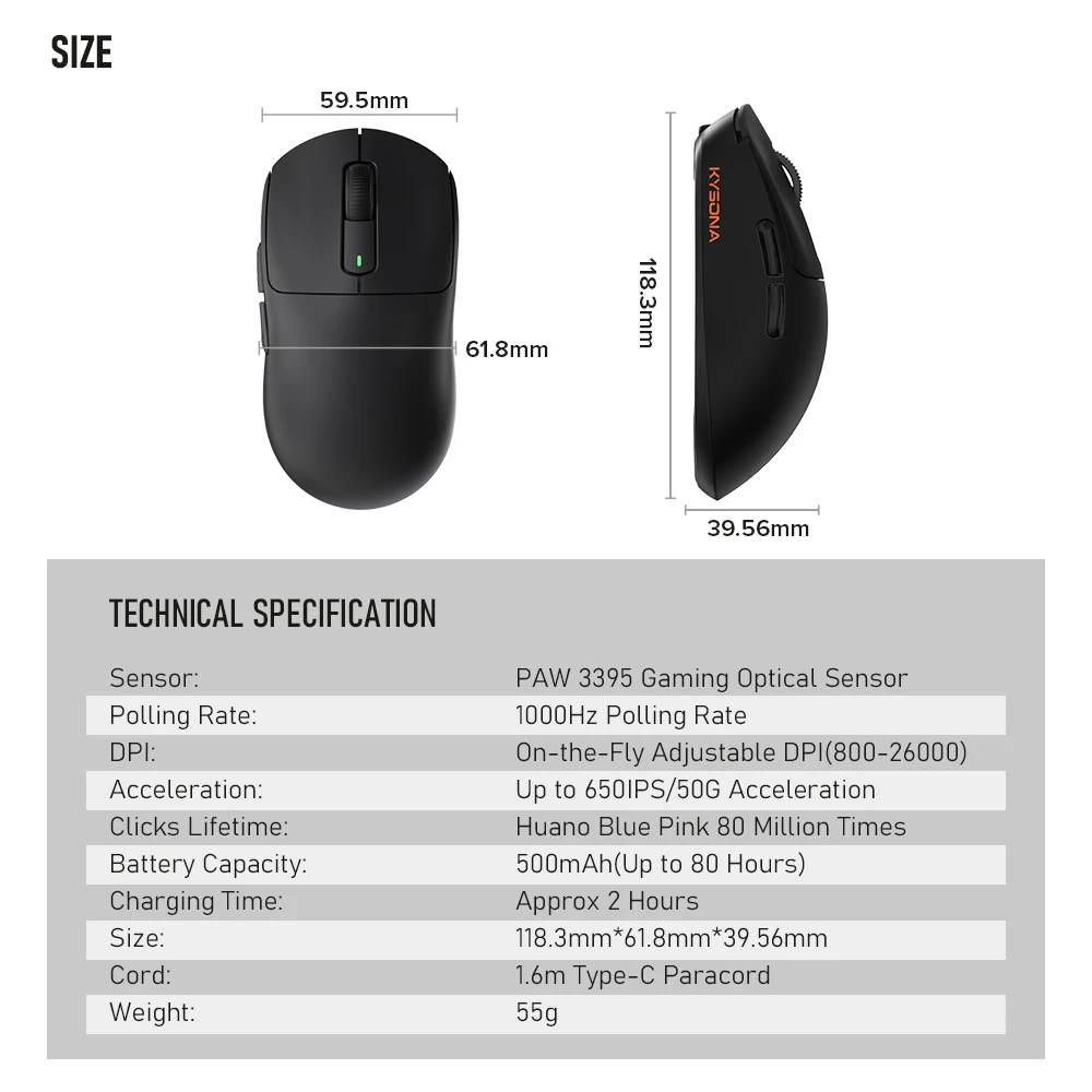 Kysona M600 PAW3395 Wireless Bluetooth Gaming Esports Mouse 55g 26000DPI 6 Buttons Optical PAM3395 Computer Mice For Laptop PC images - 6