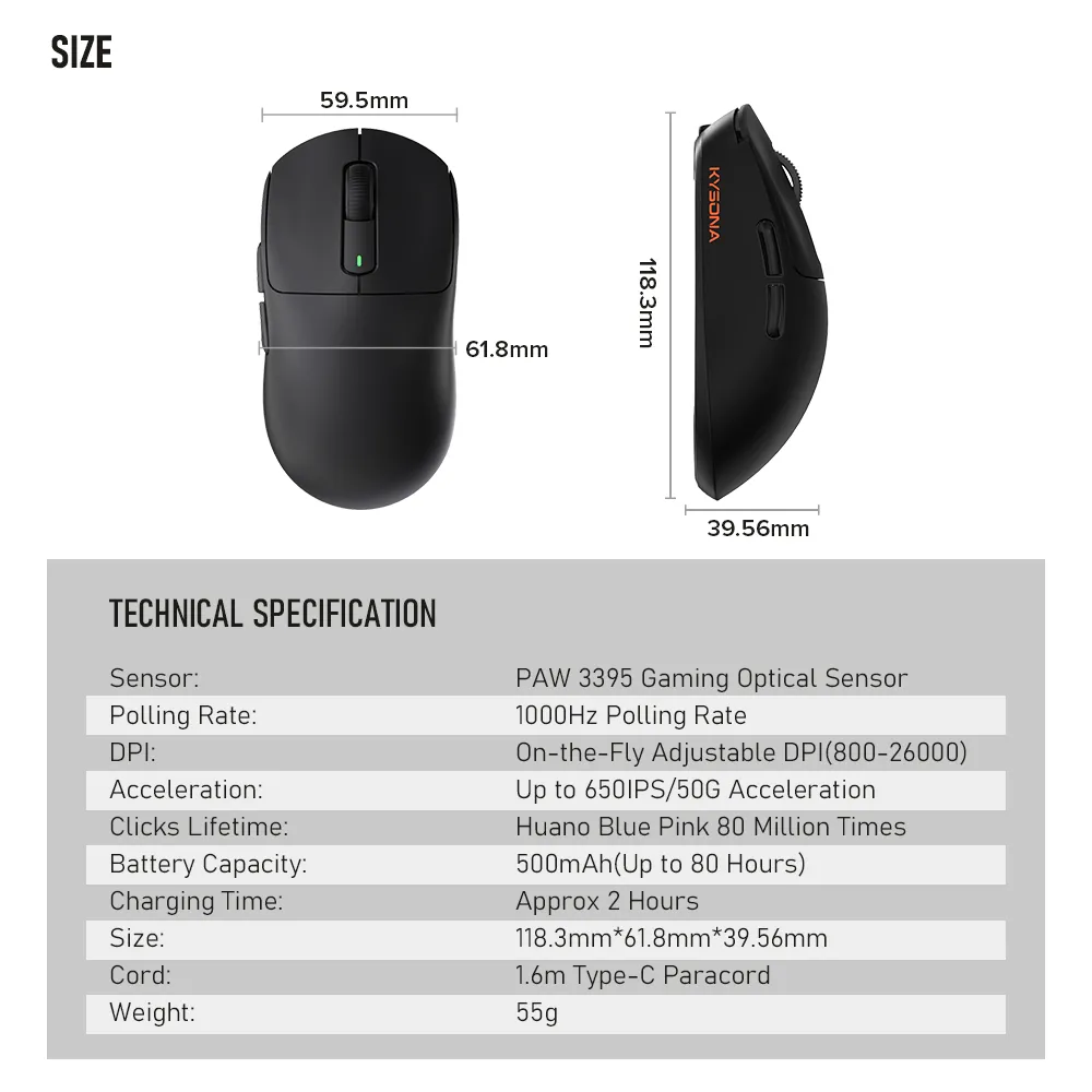 Kysona M600 PAW3395 Wireless Bluetooth Gaming Esports Mouse 55g 26000DPI  Buttons Optical PAM3395 Computer Mice For Laptop PC AliExpress
