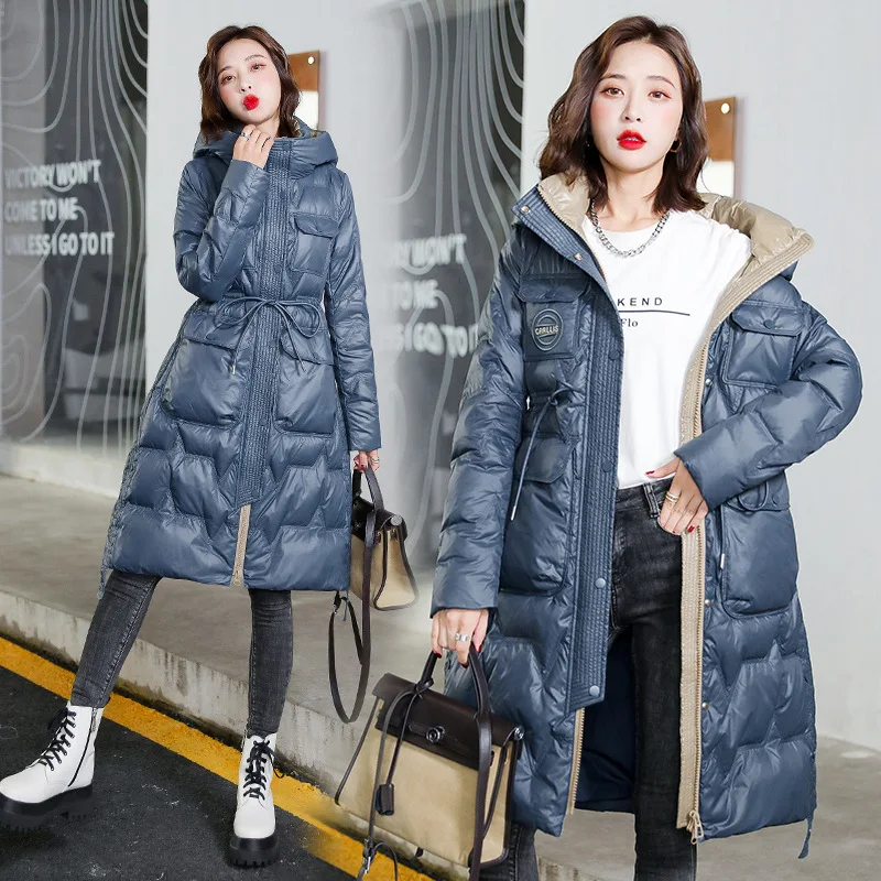 

2023 Winter Clothing Contrast Color Hooded Glossy Long Slim Fit Drawstring Waist 90 White Duck down Jacket Thick Short