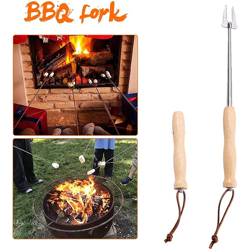Barbecue Skewers Barbecue Tools Retractable Rugged Wood Handle Barbecue Fork Grill Bar