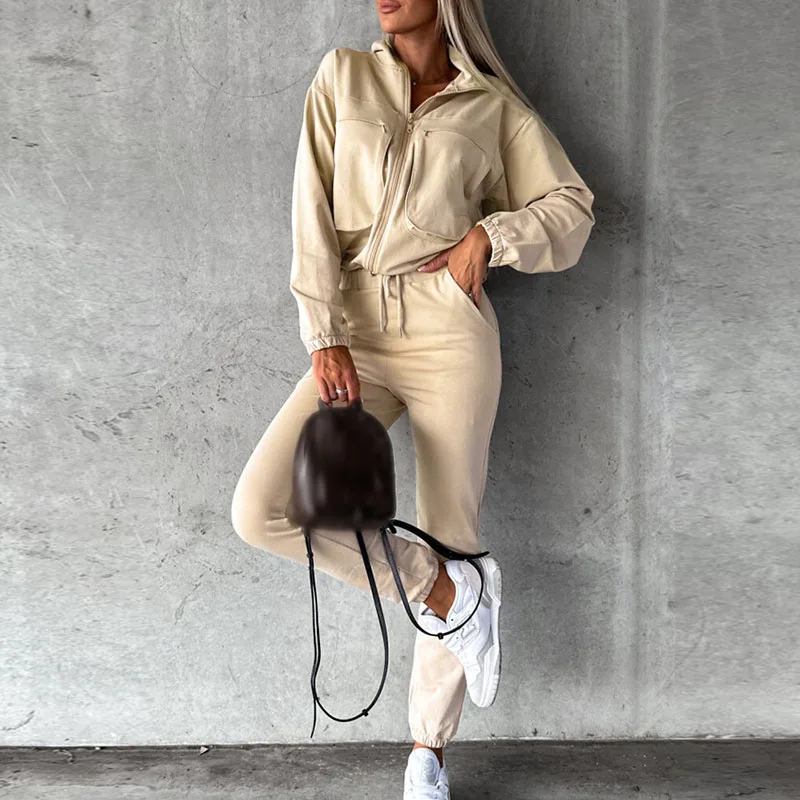 

New Autumn Streetwear Slim Outfit Casual O-neck Zipper Jacket with Pocket Pants Suit 2023 Fashion Women Long Sleeve Commuter Set