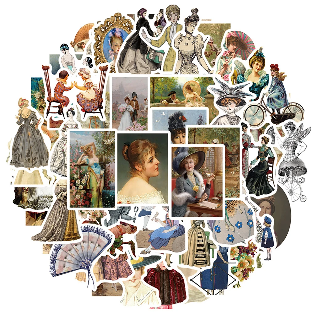 10/30/52pcs Retro Victorian Era Girls Stickers Classic Oil Painting Sticker Laptop Suitcase Diary Scrapbooking Aesthetics Decals 190 pcs vintage label craft paper junk journal ephemera retro bills ticket diy album diary scrapbooking material paper packs