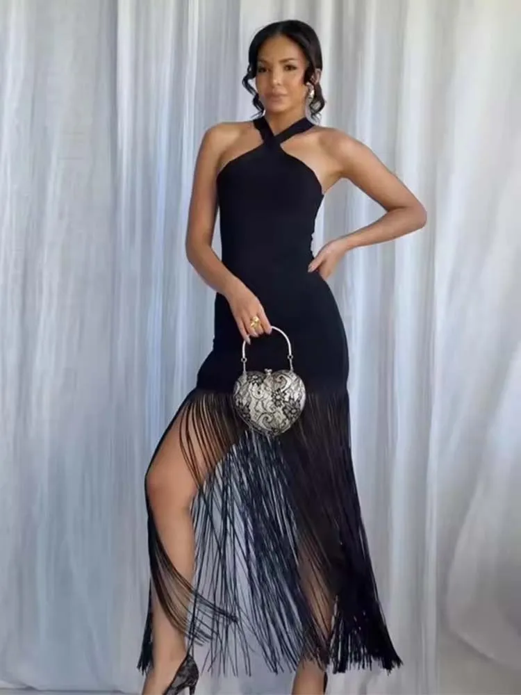 Women's Tassel Trim Sleeveless Halter Maxi Dresses Solid Patchwork Bodycon Gown Thigh Slit Sexy Club Party Beach Vacation Dress