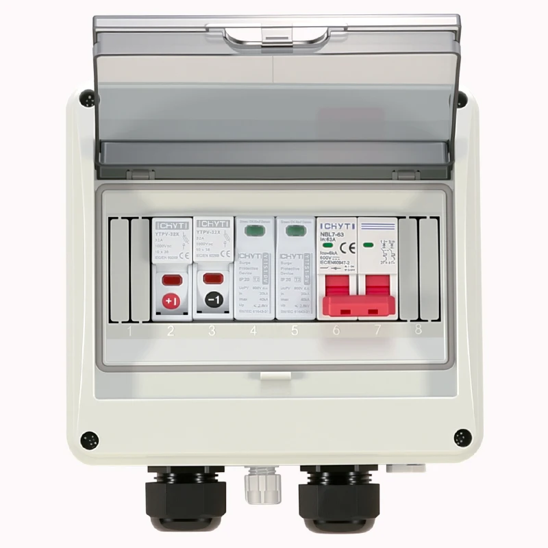 Double PG solar photovoltaic PV DC combiner box electrical junction box electrical box electrical distribution box photovoltaic combiner box 600V Surge Lightning Protection 1 input 1 out Fuse MCB SPD Distribution Box IP65
