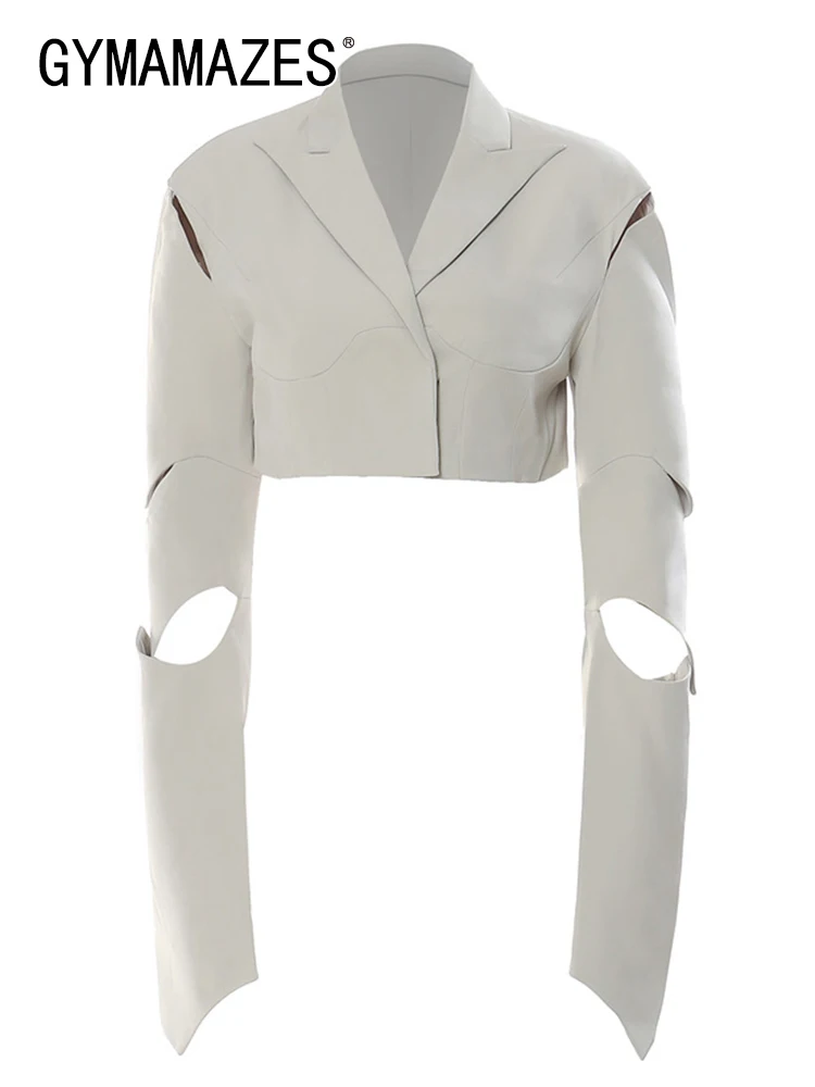 

GYMAMAZES Solid Hollow Out Blazers For Women Notched Collar Long Sleeve Patchwork Double Breasted Vintage Chic Blazer Female New