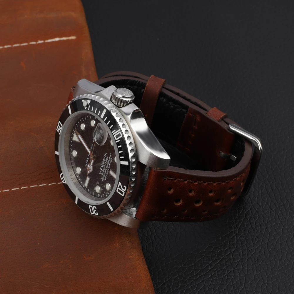 Vintage Handmade Leather Watchband - Black & Brown Breathable Strap