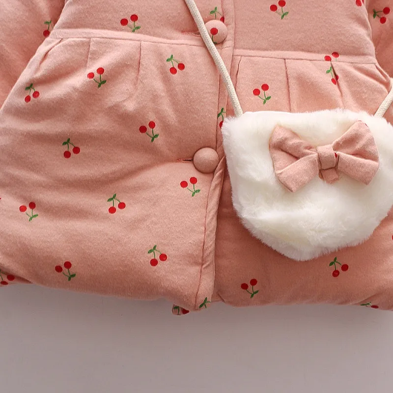 Baby Girl's Cotton Jacket Cute Cherry Hooded Girl's Cotton Jacket For Autumn And Winter Warm Winter Clothing