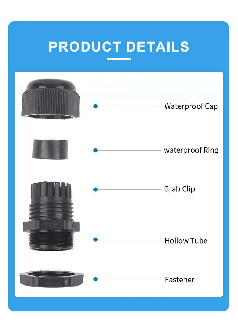 5PCS IP68 Wasserdichte Einstellbare Kabelverschraubung Anschlüsse PG7 PG9 PG11 PG13,5 PG16 PG19 Schwarz Weiß Kunststoff Nylon Gelenke – Detail 4