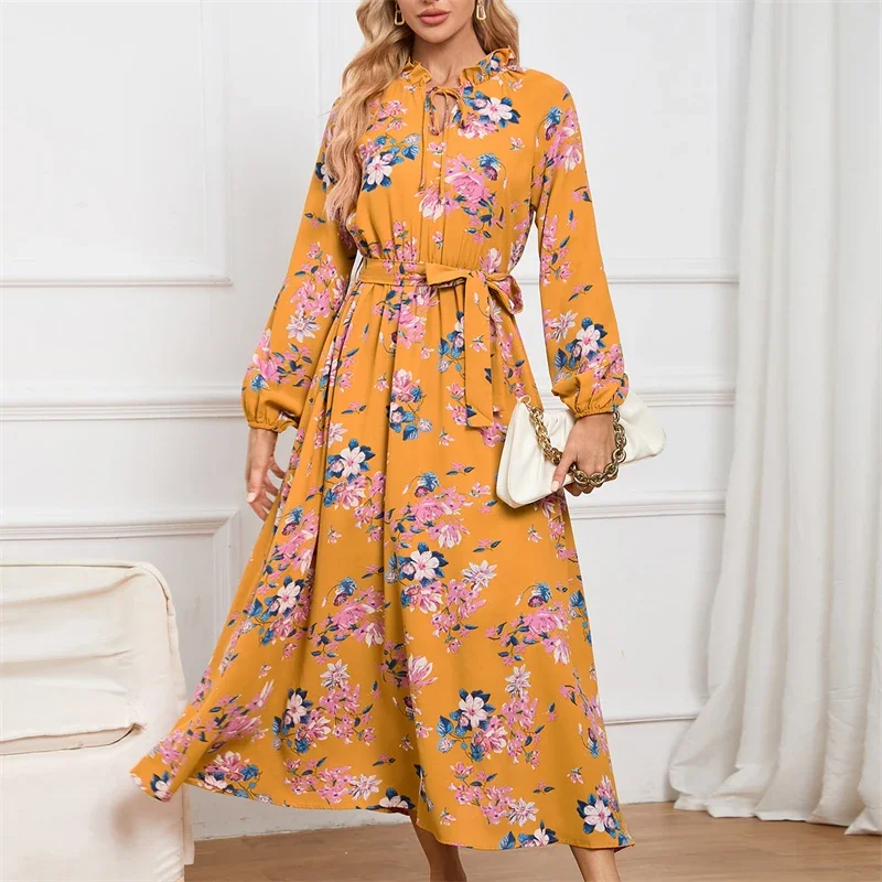 

Vintage Floral Print Lace Up High Waist Elegant Party Dresses for Women Autumn Fashion Ruffled Long Sleeve Maxi Dress Robe Femme
