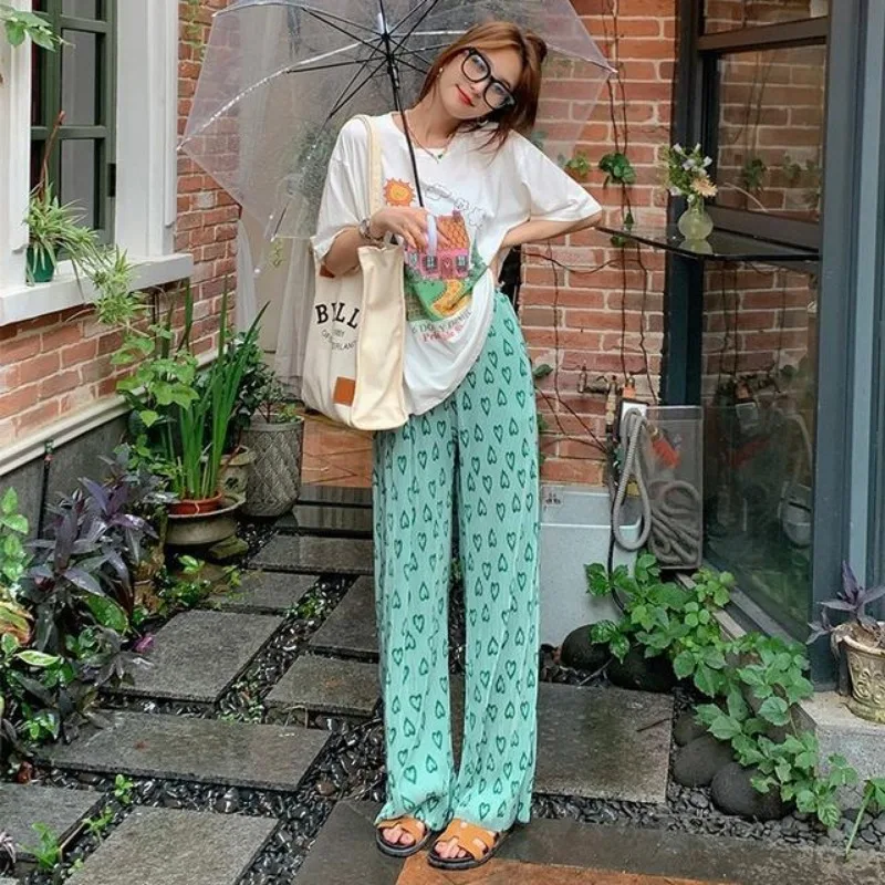 Trousers Green Love Printing Leisure Woman New High Waisted Fold Straight Cylinder Sagging Sensation Wide Legs Mopping The Floor