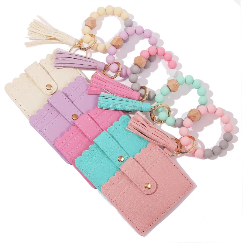 Keychain Pocket Wristlet Card Holder With Tassel Silicone Chain Beaded
