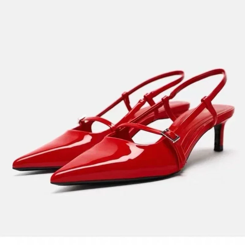 Patent Leather Women Sandals Sexy Pointed Toe Back Strap Buckle Summer Slingback Footwear Large Size High Heel Red Wedding Shoes women sandals women high heels