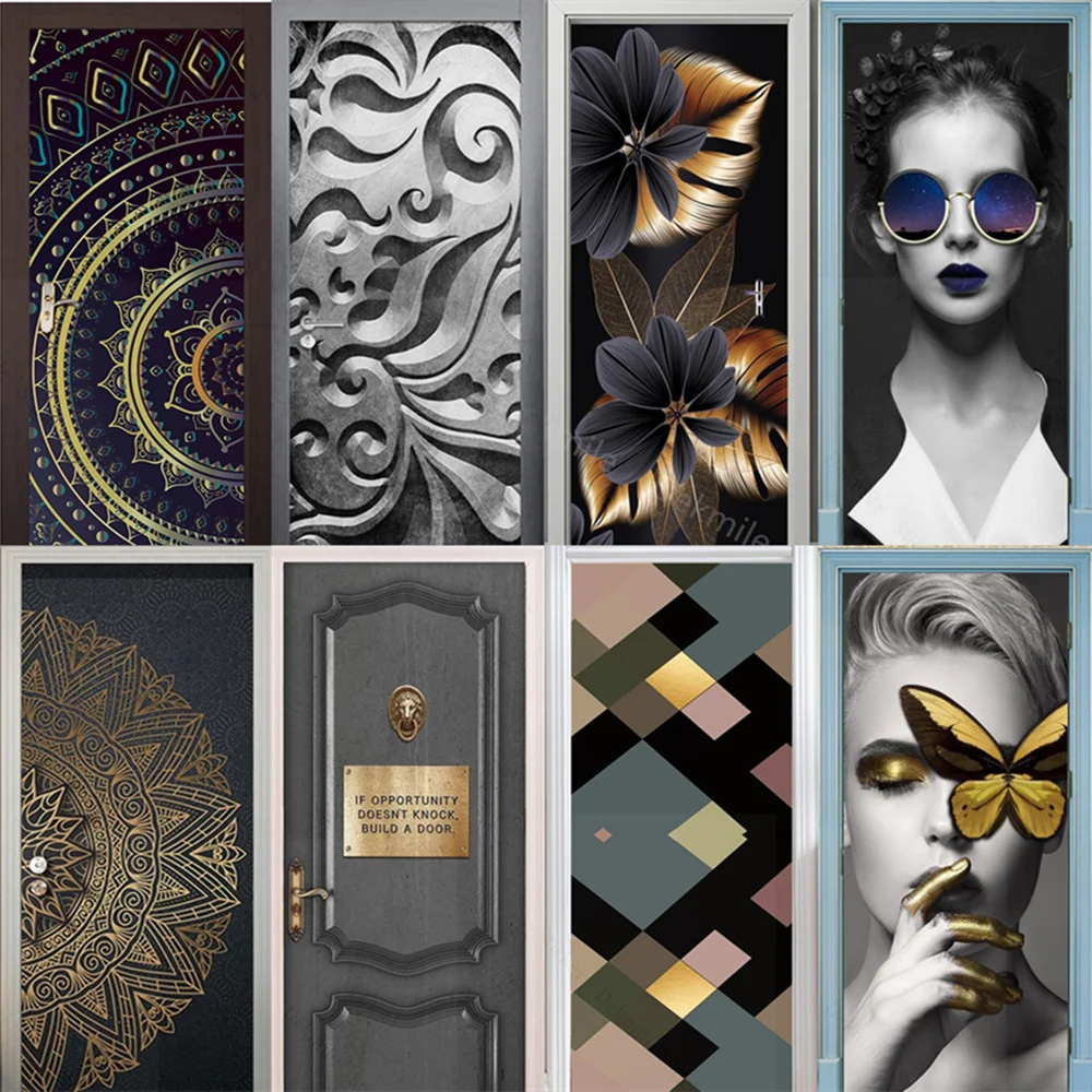 

3D Wallpaper On The Wall Black Color Vinyl Door Decoration Home Door Flower Woman Relief Mandala Deur Stickers Autocollant Porte