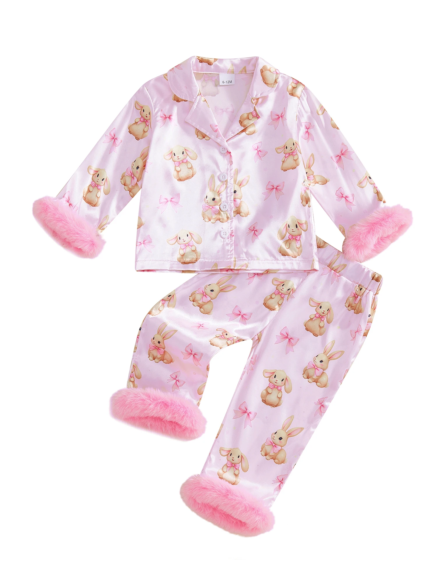 Women s Easter Bunny Print Pajama Set with Long Sleeve Lapel Button Up Shirt and Pants Sleepwear Cute Bow Detail