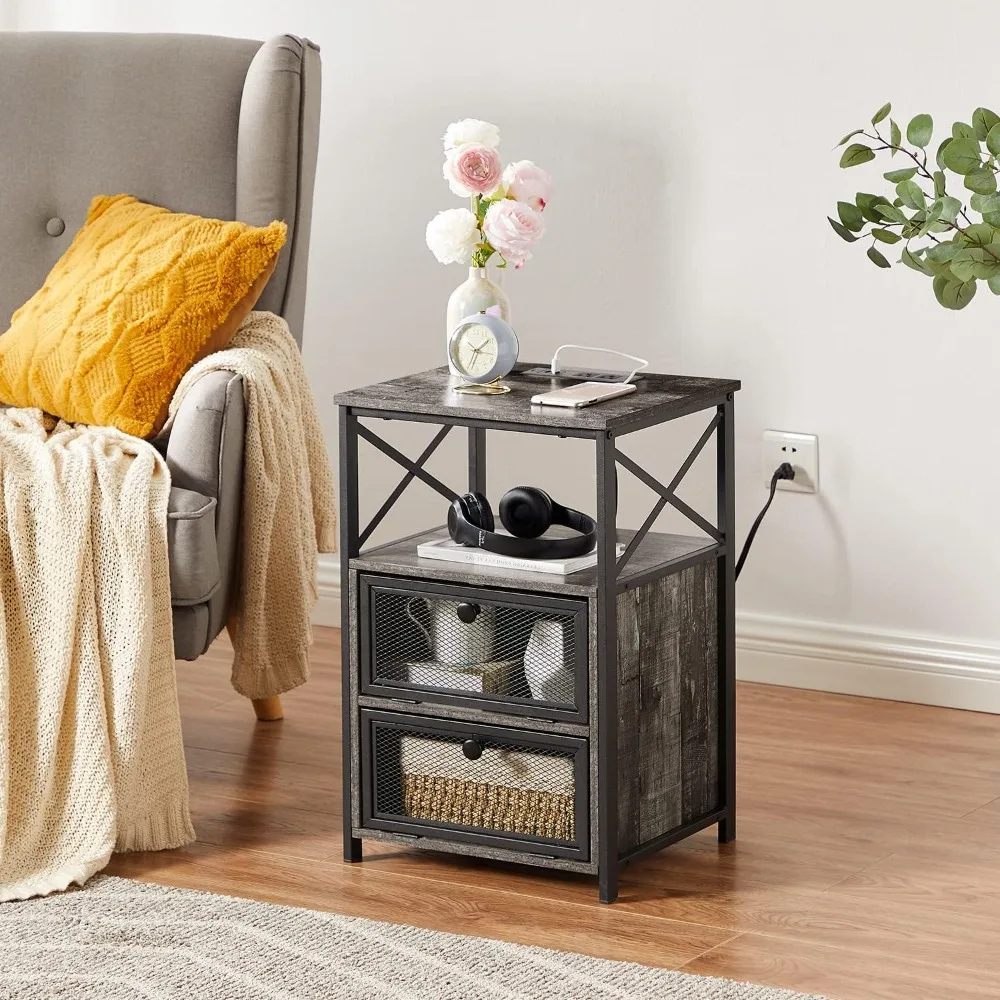 

End Side Tables with Charging Station,with 2 Flip Drawers and USB Ports & Power Outlets, for Living Room, Bedroom,Oak Gray,1 Set