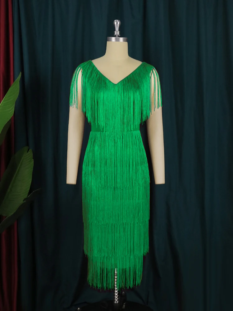 Abiti con frange verdi per le donne Sexy scollo a V nappa Cocktail Event Party outfit senza maniche a vita alta aderente Midi abiti 3XL 4XL - immagine 2