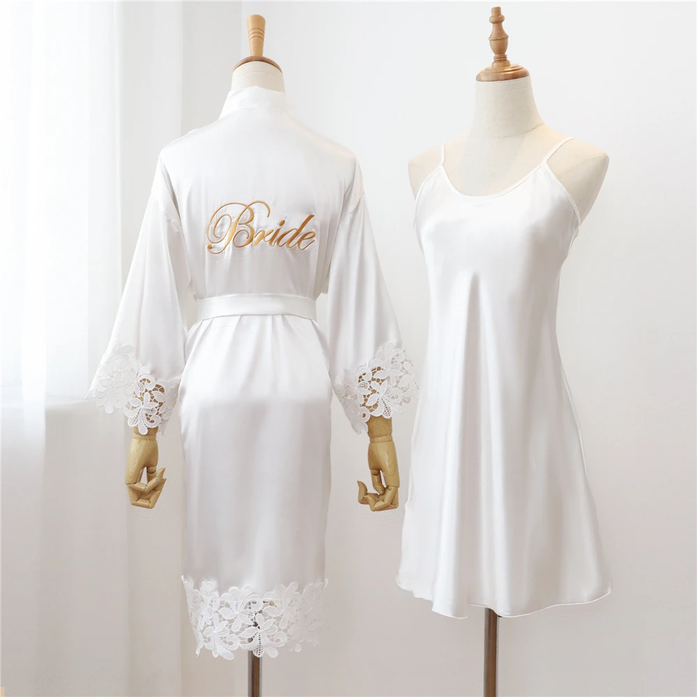 Women Sleepwear Bride Robes Sexy Lace Bride Bridesmaid Kimono Dresses Robes Women Home Gown Intimate Lingerie Wedding Robe Set Night Sleepwear Bathrobe 2PCS