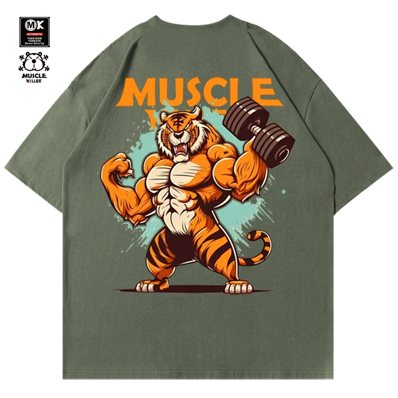 Muscle Killer Dumbbell Tiger Cotton Loose Fit Gym Sports T-shirt Running Men's Fashion Brand Summer Training Short Sleeve