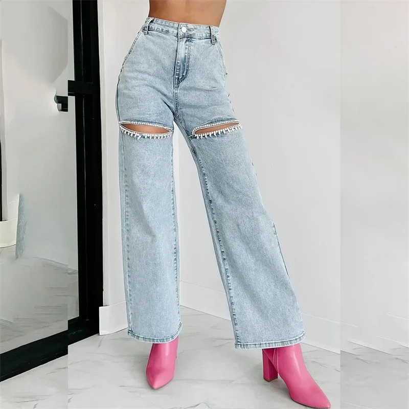 2024 Fashion Thigh Split Diamante Decoration Straight Jeans Women Casual Denim Trousers High Waist Pants Female Trend Streetwear 5