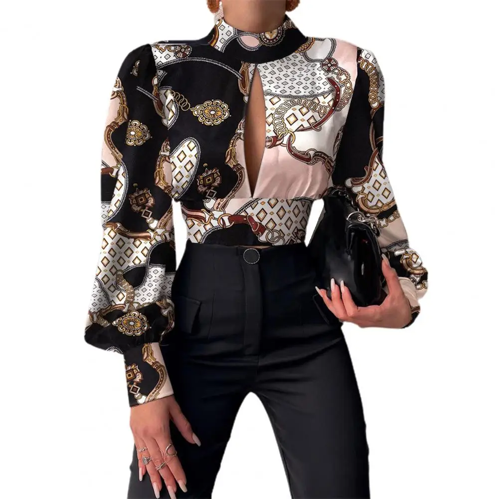 Printing Women Blouse Pullover Loose Satin Chiffon Hollow Backless Lantern Long Sleeve Lady Shirt Top