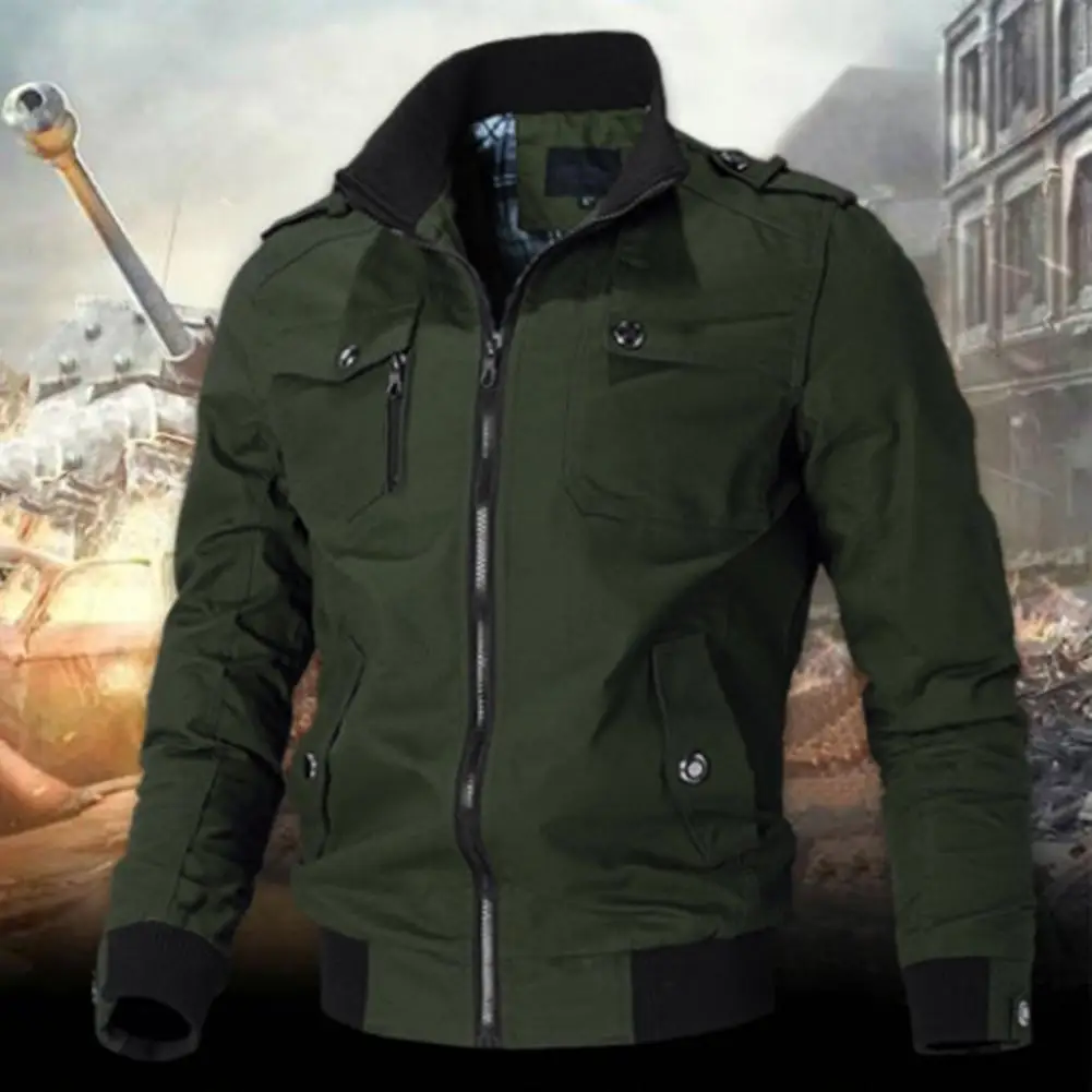 

Autumn Winter Men Stand Collar Long Sleeve Jacket Multi Pockets Elastic Hem Zipper Placket Windbreaker Jacket Coat