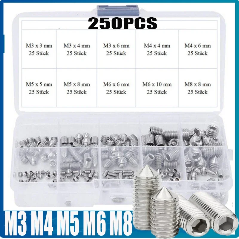 Description Picture 3 of item250PCS Socket Head Hex Set Screw Assortment Grub Screw Cup- Metric 304 Stainless Steel M3 M4 M5 M6 M8 Cup Point Grub Screw Set