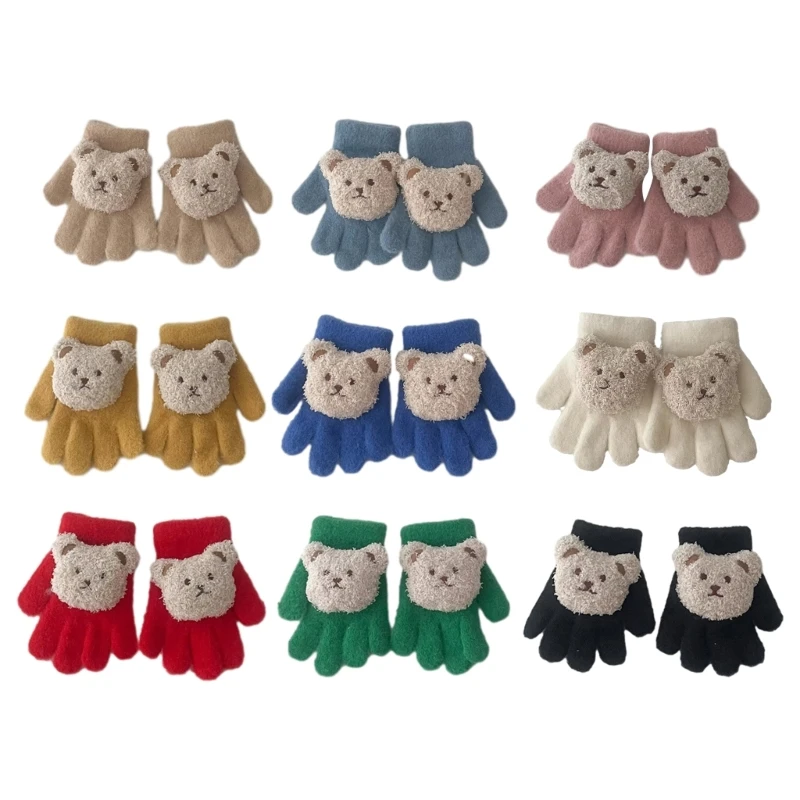 

Full Finger Winter Knitted Gloves Cartoon Bear Pattern Warm Mittens Solid Color