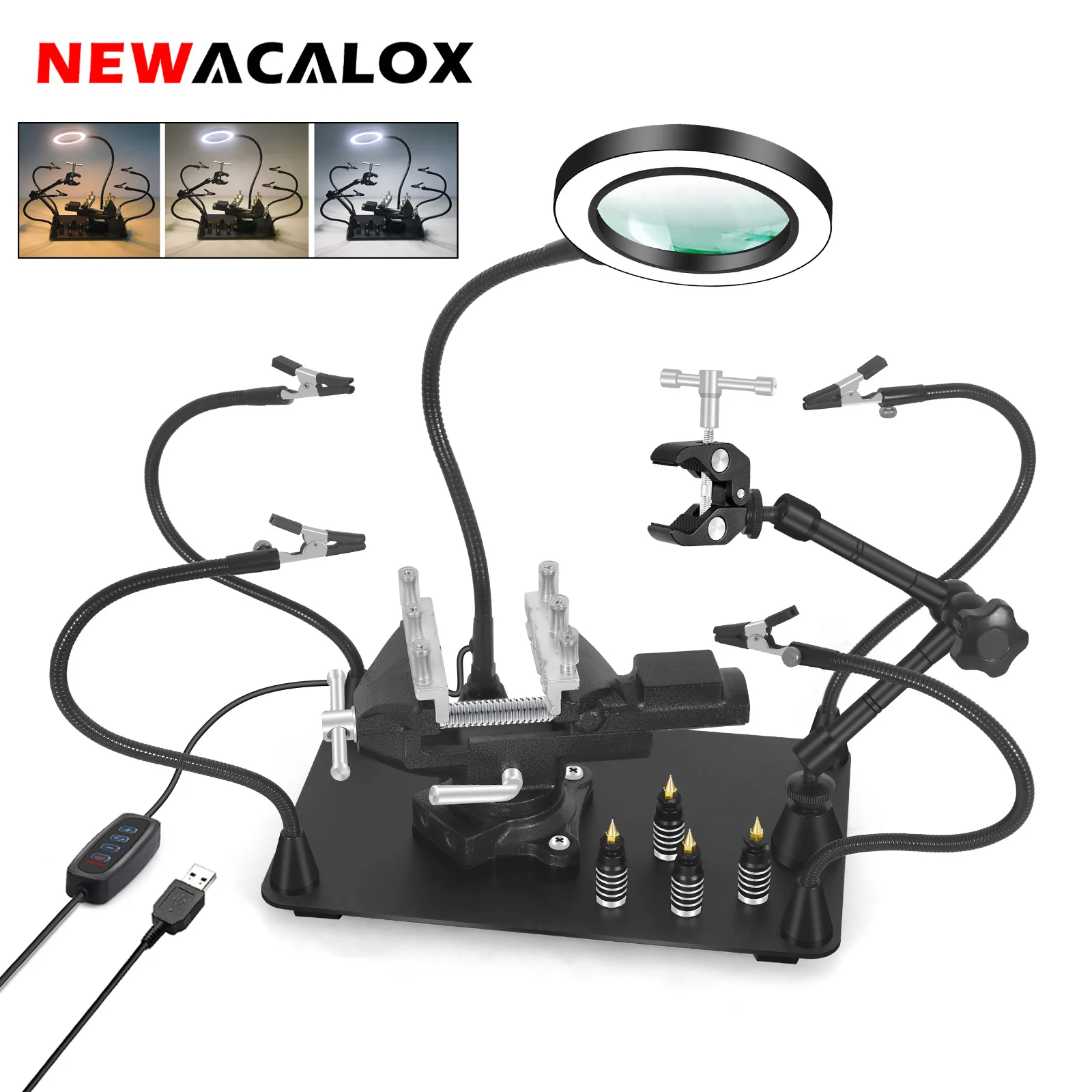 NEWACALOX Magnetic Helping Hands Soldering Third Hand PCB Circuit Board Holder with 5X LED Magnifying Lamp 360 Heat Gun Holder newacalox magnetic helping hands soldering third hand pcb circuit board holder with 5x led magnifying lamp 360 heat gun holder