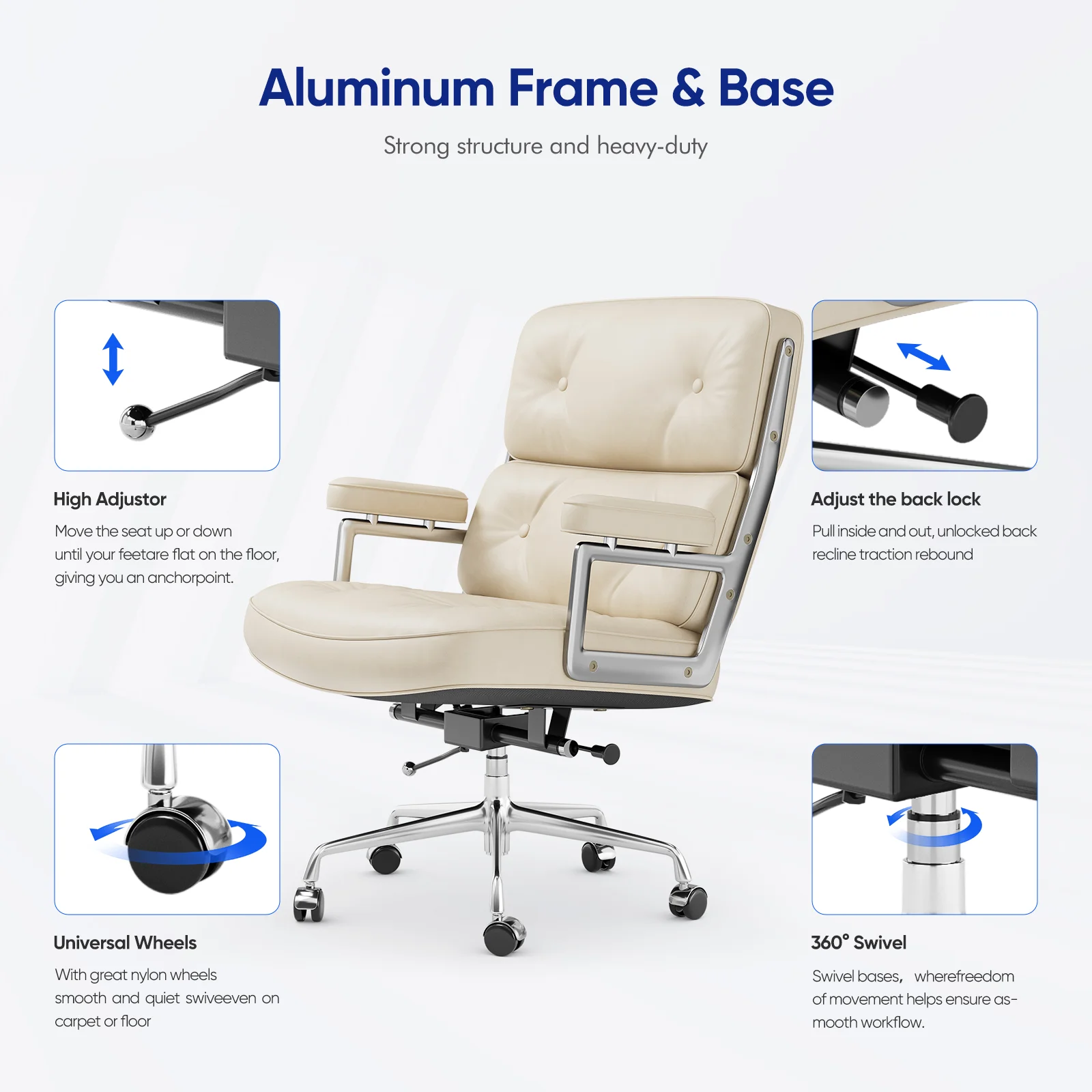 Office Chair Genuine Leather Ergonomic Armchair Swivel Chair Aluminum Arms Support Rolling Swivel Business Executive Chair 4