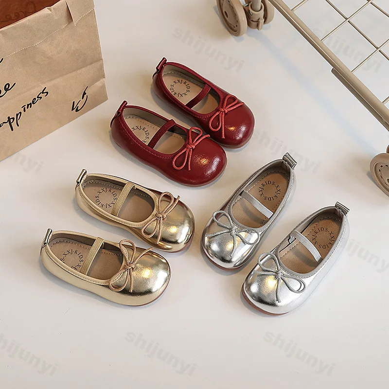 Children Ballet Flats Bowknot Solid Spring Girls Pu Leather Shoe 2025 Toddler Elastic Band Soft Sole Non-slip Kid Princess Shoes