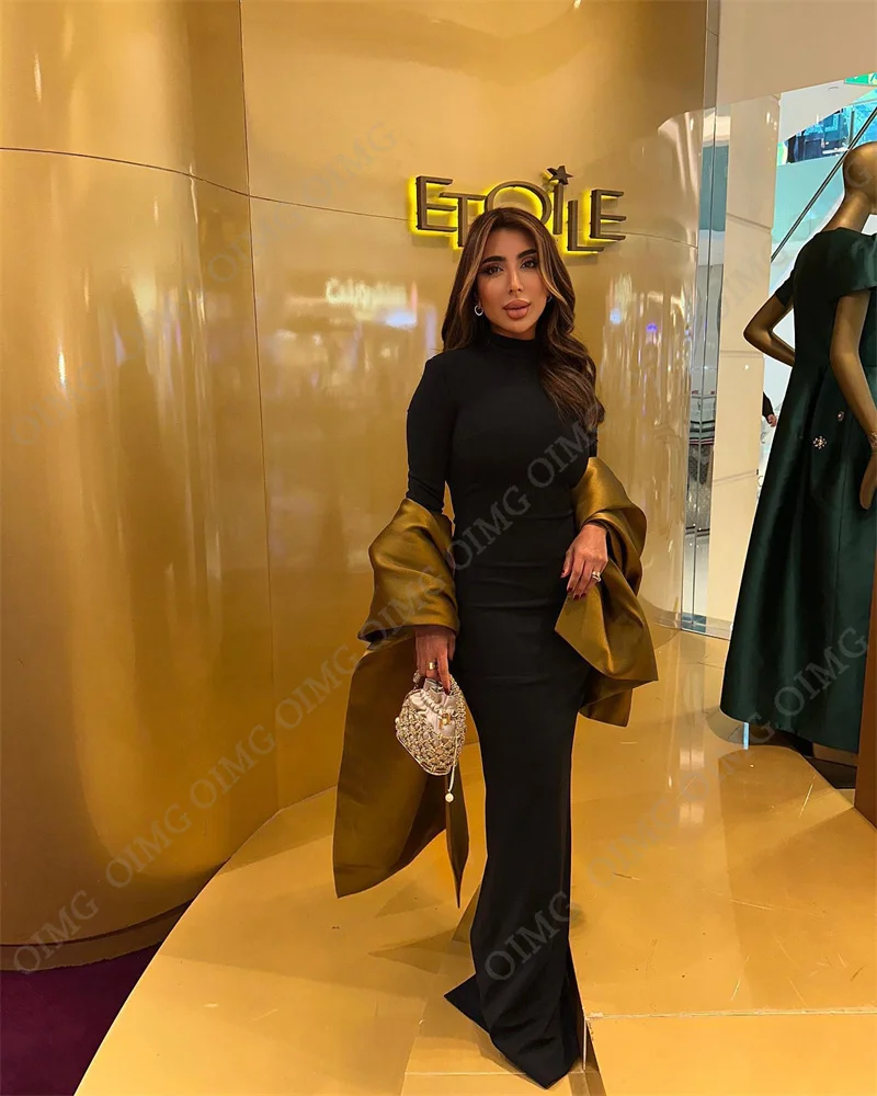 OIMG Black Satin High Neck Long Evening Dress Formal Full Sleeves Long Prom Dress For Women Saudi Arabia Vestido Prom Gowns