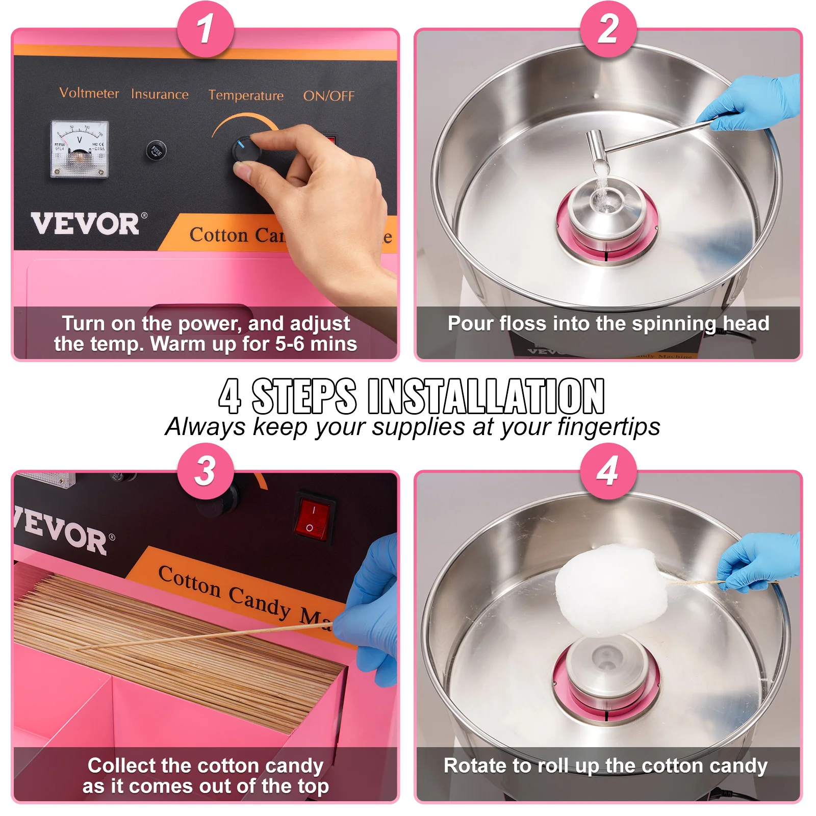 VEVOR Electric Cotton Candy Machine Commercial Floss Maker with Stainless Steel Bowl Sugar Scoop and Drawer For Birthday Party