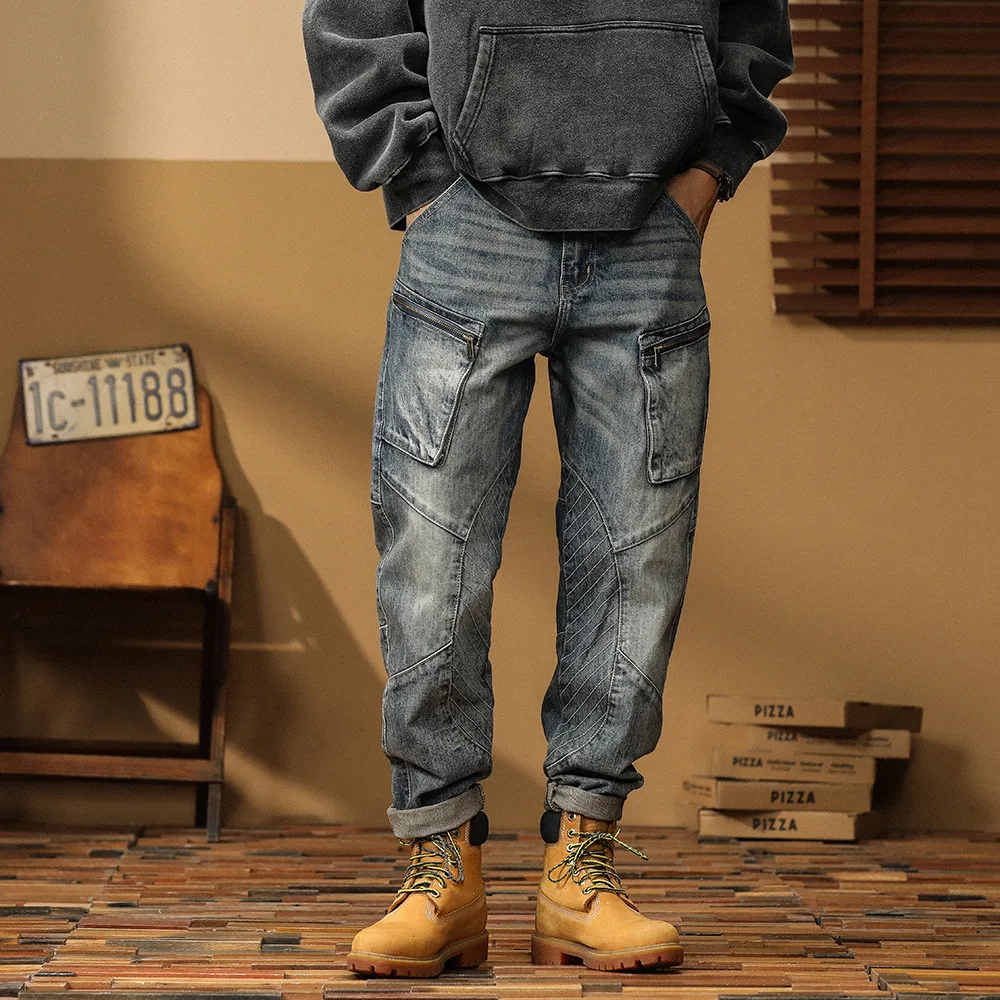 High quality long cargo jeans for men plus size multi pocket stone wash cotton denim vintage trousers new 2024 clothing - blue