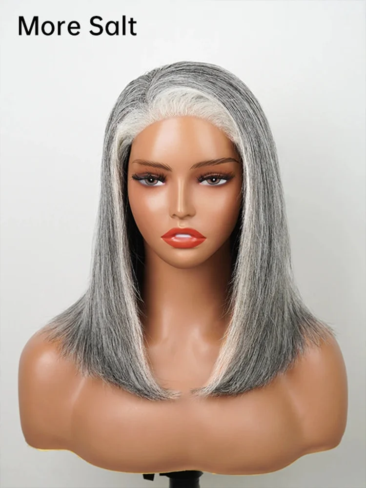 250 Density 4C Edges Salt & Pepper More Salt Highlight Front Glueless Wigs Human Hair 13x4 Straight Human Hair Wigs 5x5 Lace Wig