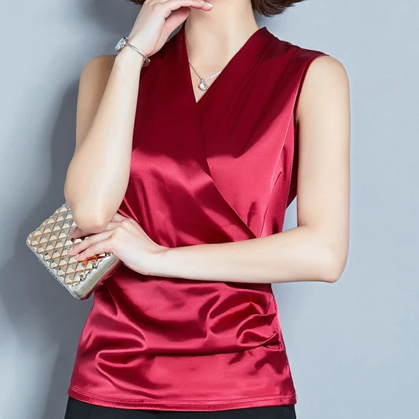 New Smooth Satin Female Sleeveless Blouse V-neck Top Slim Fit Outside Shirts