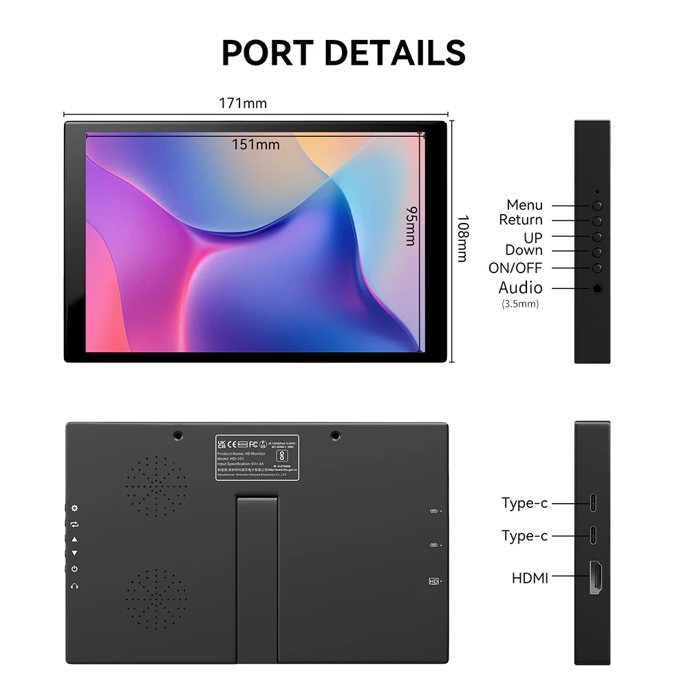 7인치 1280x800 HD 터치 휴대용 모니터, 60Hz IPS 디스플레이, USB Type-C HDMI 지원, 게임 및 사무용 정전식 터치스크린