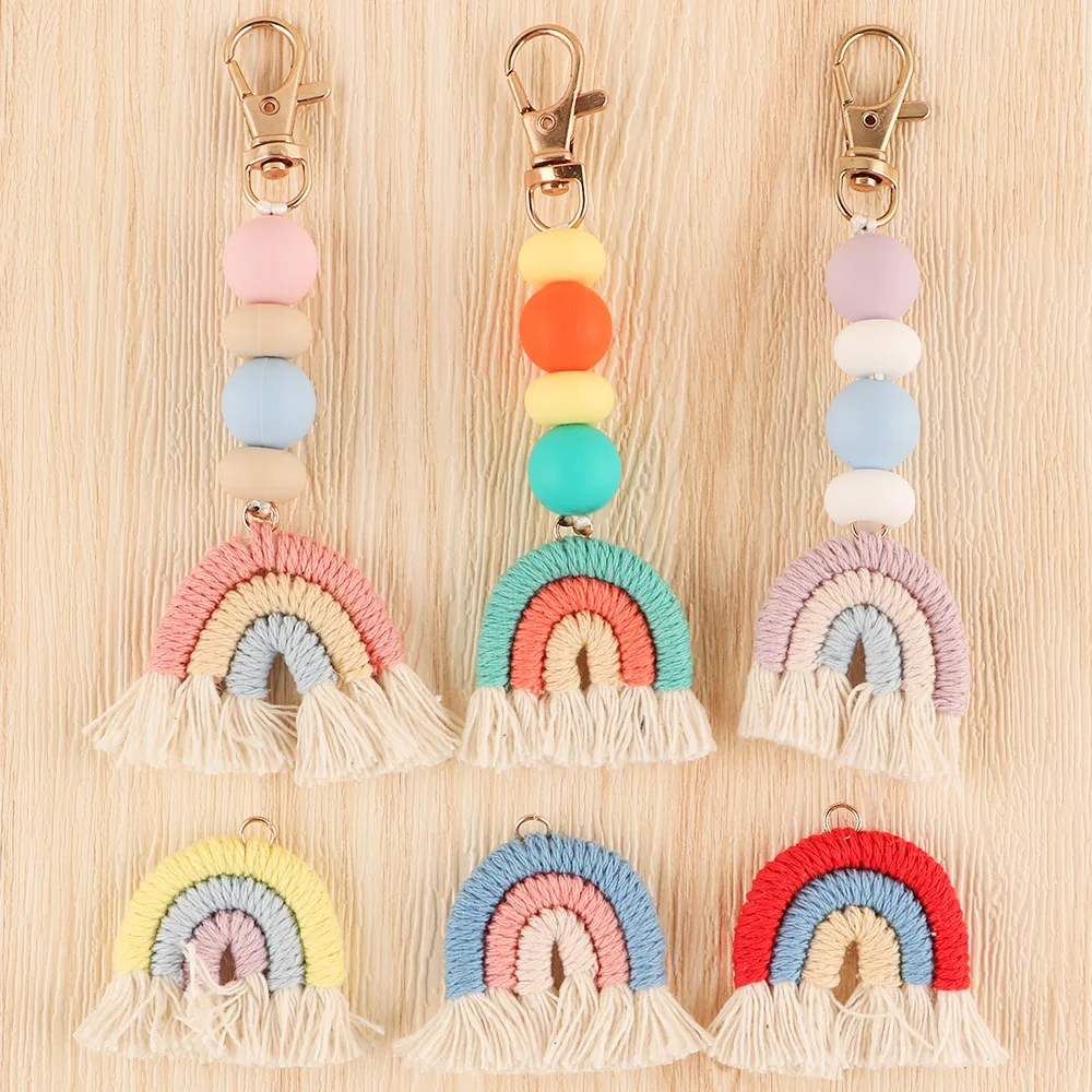 Teething Beads 20/50/100Pcs Handmade Woven Cotton Rope Rainbow Tassels Bead Boho Style Pendants Rainbow Keychain Jewelry Making Accessories