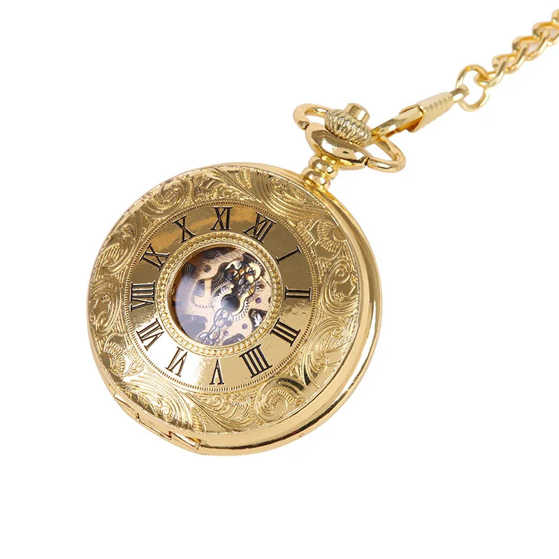 Luxury Gold Mechanical Pocket Watch for Men Women Hollow Vintage Skeleton Case Roman Numerals Steampunk Fob Chain Pendant Clock