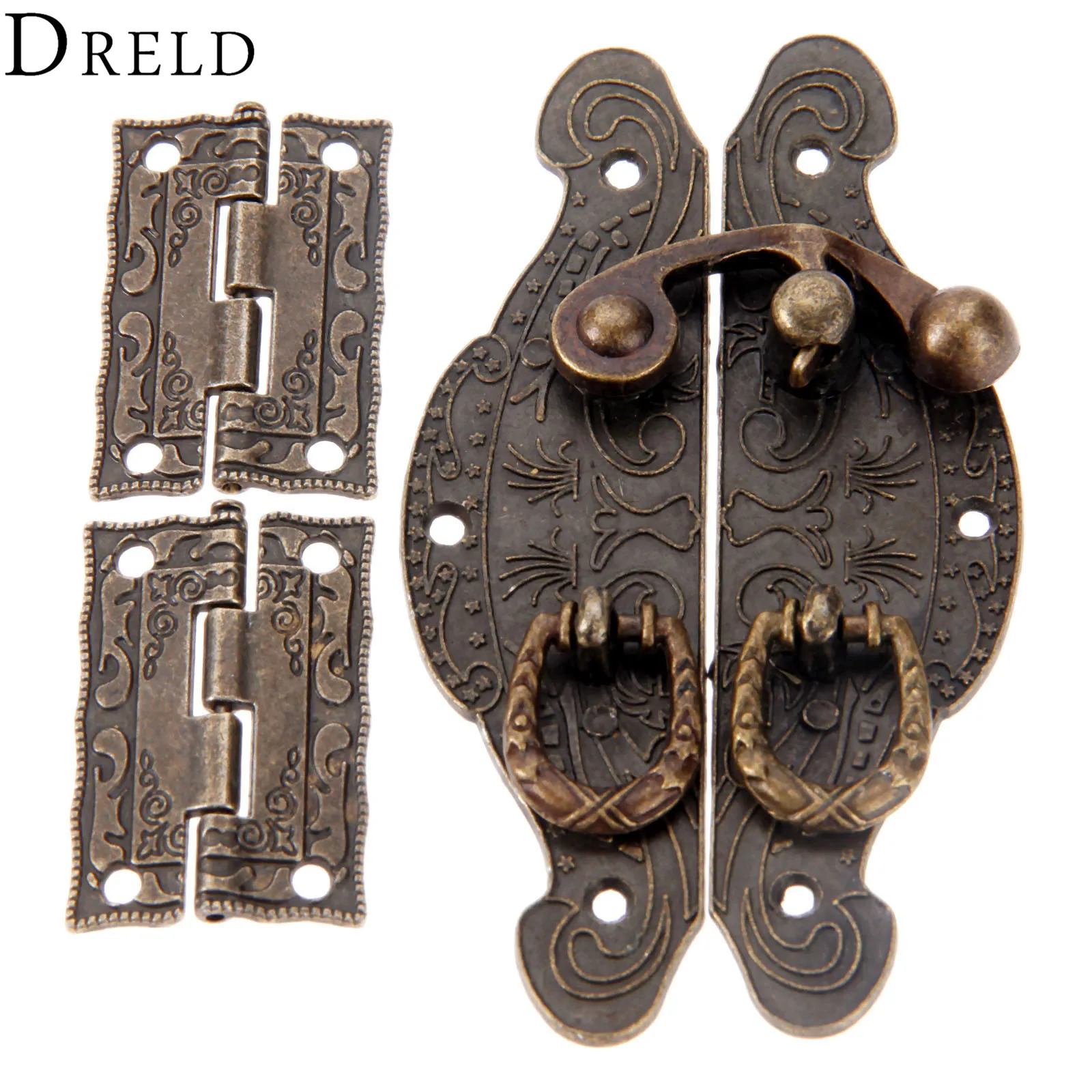 3Pcs/set Furniture Fittings Antique Bronze Cabinet Hinges w/Jewelry Wooden Box Case Toggle Hasp Latch Furniture Vintage Hardware