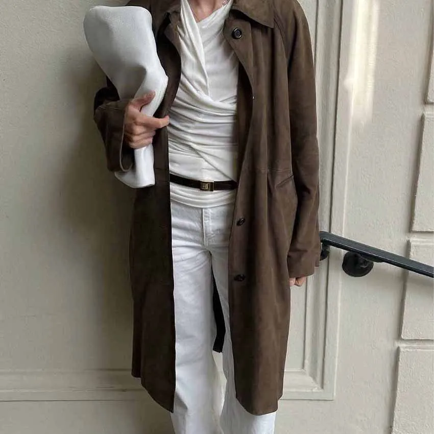 2025 Veste de travail décontractée polyvalente rétro marron à manches longues en similicuir dans un style vintage