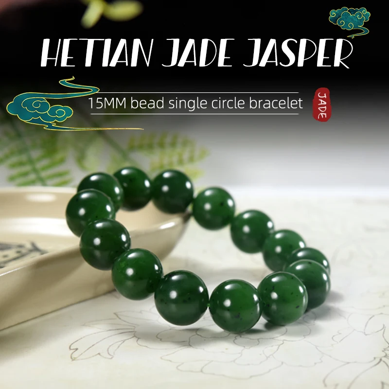 Natural Hotan Jade 15Mm 14 Bracciale Con Perline Rotonde Verde Hotan Jade Stone Hand Strings Donna Uomo Gemstone Fine Jewelry